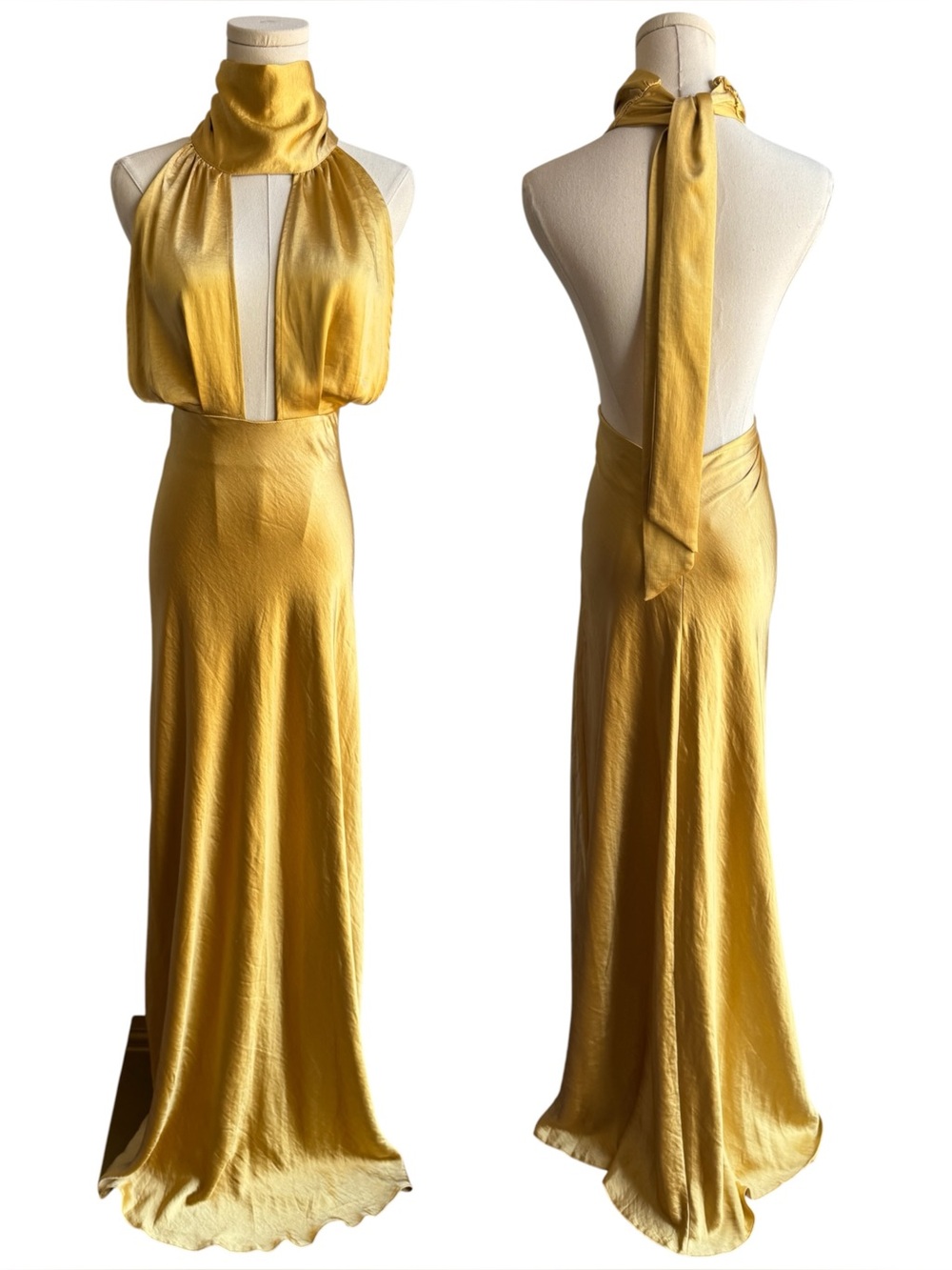 Nasty Gal Elegant Formal Dress Sz 8 Gold Full Length High Neck Open Back Gown